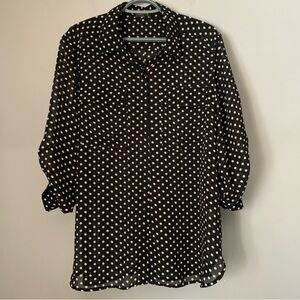 Spense Black White Polka Dot Sheer Button Up Blouse